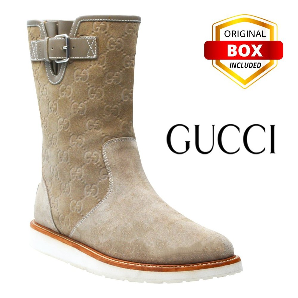 GUCCI “Double G” Embossed Mid-Calf Boots - Suede & Leather -In Original Box-RARE
